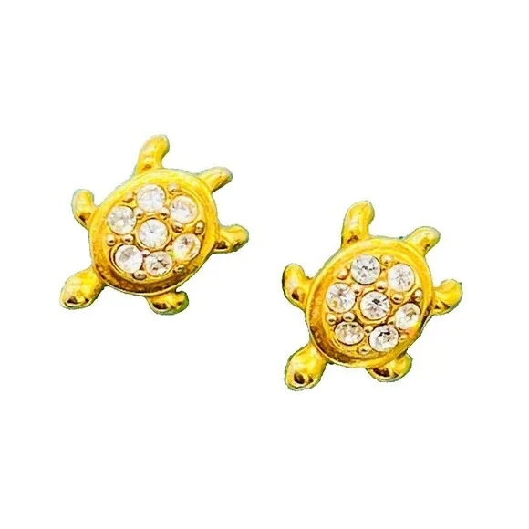 Vintage “Avon Precious Turtle Earrings” 1992 Gold Plated Rhinestone - Picture 2 of 5